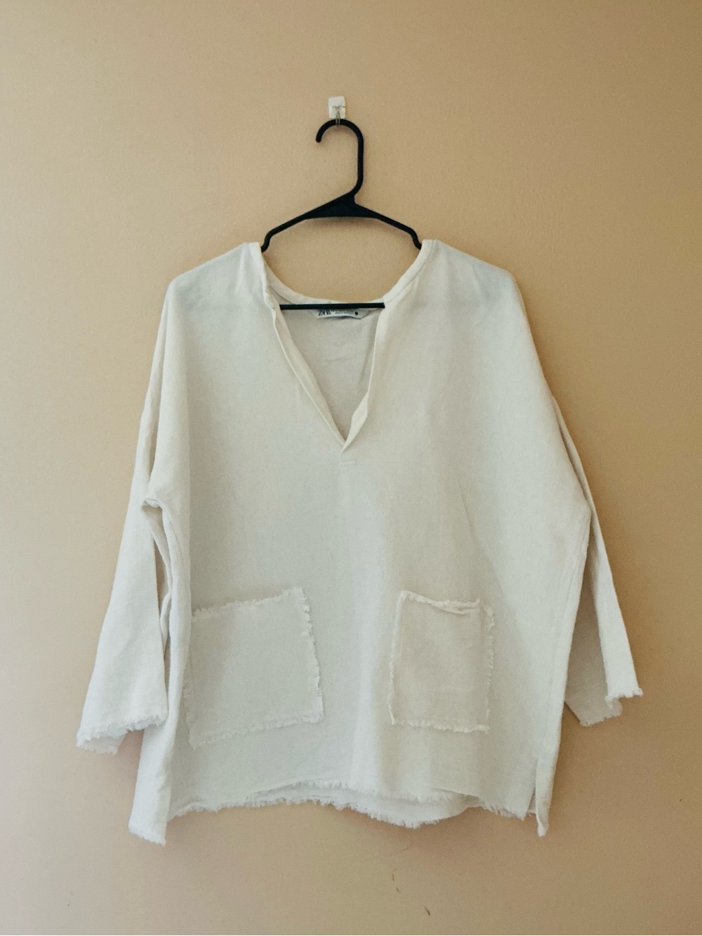 Zara Cream Linen &Cotton blend V-Slit Tunic with Front Patch Pockets